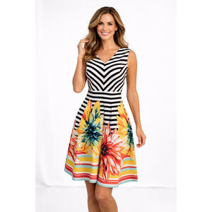 Shelby & Palmer Petite 4P Black‎ White Stripe Floral Fit & Flare Dress V-Back